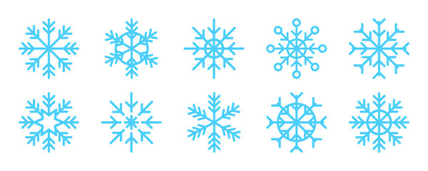 Set of blue snowflake vector icons. Symbol winter. Abstract frozen snow. Vector 10 Eps.