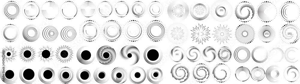 Poster design elements with circular halftone dots. vector rotating dotted circles design . half tones coll