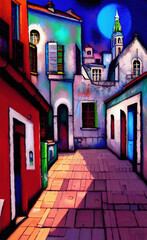 Fototapeta na wymiar Colorful european small old vintage town at night, colored small houses with colorful roof and small cute street. Digital naive modern surrealism art illustration