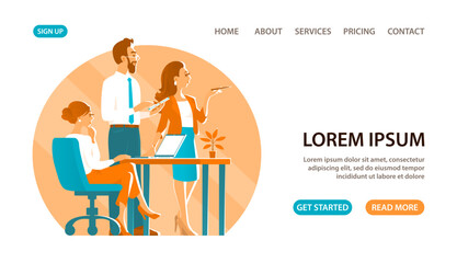 Business man and two girls in the process of working in the office. Discuss strategy. On the table is a laptop. Successful business. Design for banner, website. Vector illustration. White background
