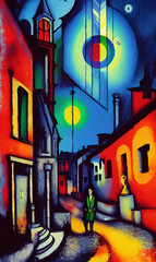Obraz premium Colorful european small old vintage town at night, colored small houses with colorful roof and small cute street. Digital naive modern surrealism art illustration