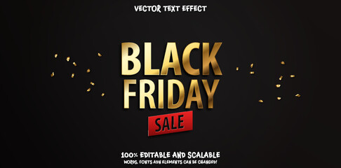 Black Friday sale background. Editable 3d gold lettering font template with red sale ribbon on dark black background. Big Sale, black friday, creative template. Ready vector banner illustration