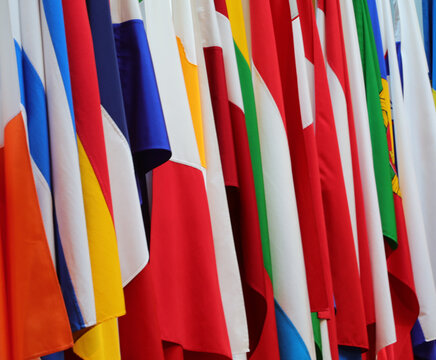 group of european flags during the international meeting between many nations