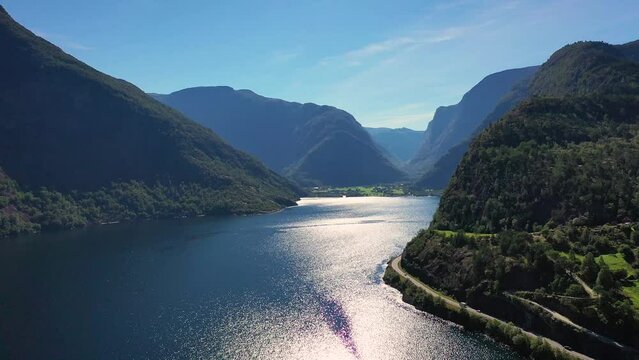 Aerial view of the fjords of Norway. Beautiful nature. Norwegian mountains and fjords. Summer Scenic View Of Famous Natural Attraction Landmark And Popular Destination In Summer