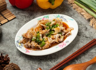 Stir fry Garlic Pork served in dish isolated table top view of chinese food