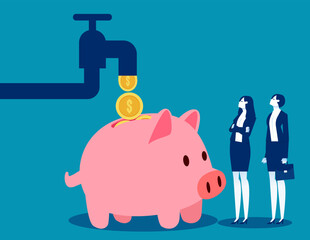 Cash flow from pipe into wealthy piggy bank. Business passive income vectorillustration