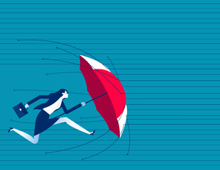 Holding umbrella to cover and protect from downturn arrow. Protechtion stock in economy crisis