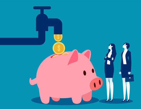 Cash flow from pipe into wealthy piggy bank. Business passive income vectorillustration