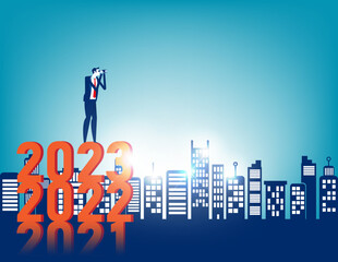 Searching investment with telescopen and standing on number 2023