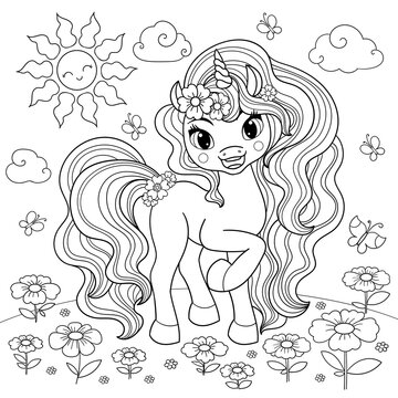 Cute cartoon unicorn on a summer, flowering meadow. Black and white linear image. For the design of coloring books, prints, posters, stickers, cards, tattoos, puzzles and so on. Vector