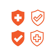 Medical shield with cross and checkmark. Vector filled health icon set.