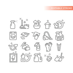 Cleaning, housekeeping line vector icon set. Bucket, mop, washing and laundry outlined icons.