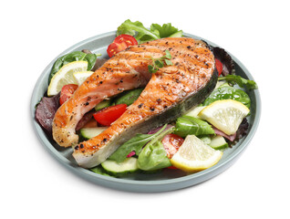 Tasty salmon steak with lemon and vegetables on white background