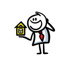A young man in a business suit holds it on the palm of his hand and shows us the layout of the house.
