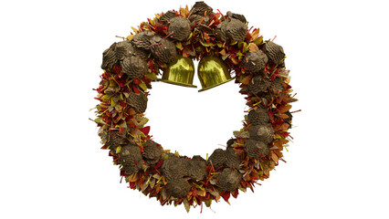 Christmas vintage wreath transparent png file made from autumn leaves with golden bells and pinecone.