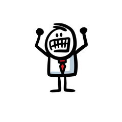 Very angry businessman in office suite grinning and shaking his fists in anger.