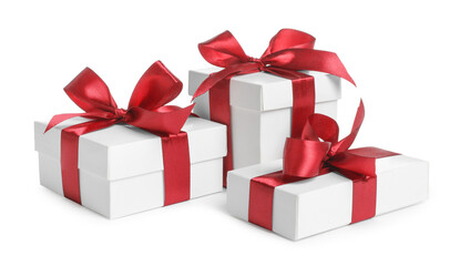 Many boxes with Christmas gifts on white background
