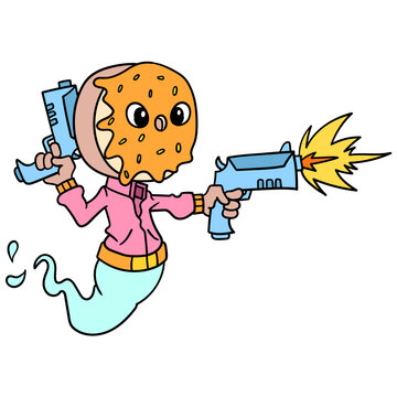 Digital illustration of a cute cartoon genie character with a donut head shooting guns