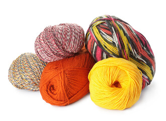 Different balls of woolen knitting yarns on white background