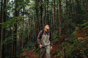 Naklejka na ściany i meble A handsome young man in casual clothes walks through the forest in the mountains with a serious face and looks away. Hiking trips alone.