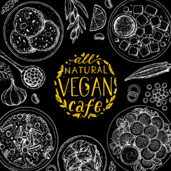 Vegan food frame. Hand drawn vector illustration. Menu design template. Vegan food sketch. Vintage design template. Product design. Great for packaging, recipe book, menu. Vegetarian food sketch.