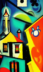 Colorful european small old vintage town at night, colored small houses with colorful roof and small cute street. Digital naive modern surrealism art illustration