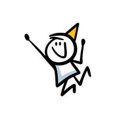 Very happy boy in yellow top hat jumping and smiling with joy on the party.