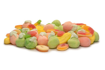 Mix of jelly candys and marshmallows isolated on a white background.