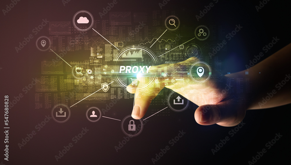 Poster hand touching cybersecurity button concept