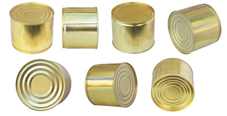 set metal can of canned food, isolate	