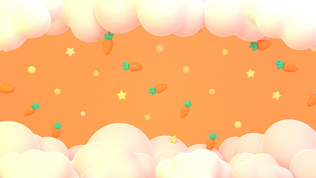 3d rendered cartoon carrots and clouds.