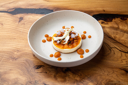 Cheesecake with sea buckthorn and caramel