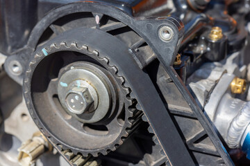 Timing belt and twin camshaft sprocket in engine car.