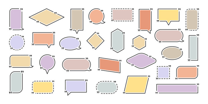 Quote box frame, big set. Speech bubbles with quotation marks. Blank template quote text info design boxes quotation bubble blog quotes symbols. Text boxes. Vector illustration.