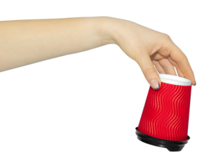 inverted paper cup in hand, concept to pass or throw away