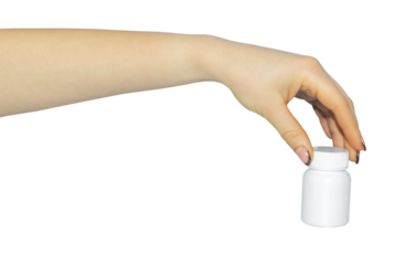 jar with medicine in hand, concept to pass or throw away medicine