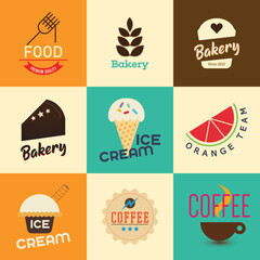 Collection Of Vector Flat Food And Alcohol Logo Set Isolated On White Background. Hand Drawn Food Elements, Dish Icons. Good For Restaurant, Cafe, Catering Bars And Fast Food Insignia Banners.