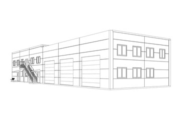 Vector wireframe perspective of Сar service exterior. 3D vector model of building isolated on white background.