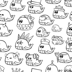 Cartoon Little Whale Black Line on white background Seamless Pattern. Abstract art print. Design for paper, covers, cards, fabrics, interior items and any. Vector illustration about animal.