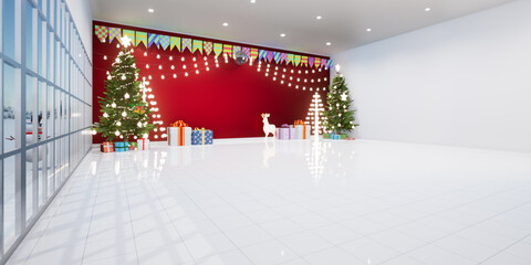3d rendering of empty space in room. Interior decorative by tile floor, christmas tree, flag garland and gift. Concept background for celebration, merry christmas, winter season, new year festival.

