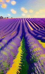 Fototapeta na wymiar Rural landscape, field of flowers, lavender provence view. Village nature. Digital art illustration.