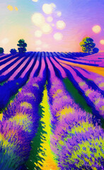 Naklejka na ściany i meble Rural landscape, field of flowers, lavender provence view. Village nature. Digital art illustration.