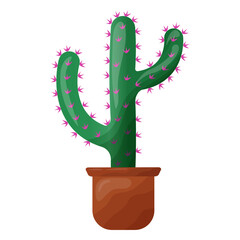 Cactus with pink needles, cartoon indoor plant in a pot, sticker or icon for design