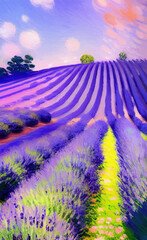 Rural landscape, field of flowers, lavender provence view. Village nature. Digital art illustration.