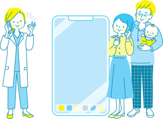 スマホで電話相談する赤ちゃんを抱っこした家族と相談に応える医師