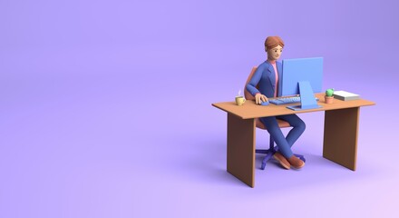 3D illustration of a cute woman working at a desk in a modern office. Cartoon smiling businesswoman or freelancer using computer. Web banner with place for text. 3d rendering