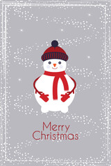 Vector illustration of a snowman in a hat with a decorative frame in an abstract style. Universal artistic template for design, banner, poster, flyer, greeting card, invitation.