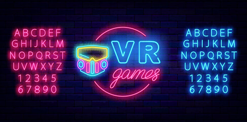 Virtual reality neon signboard. Circle frame with vr glasses. Cyber games design. Vector stock illustration