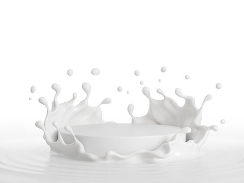 Milk splash with white podium, mockup background for milk product display, 3d rendering.