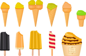 big kit ice cream popsicle different types in cone waffle cup